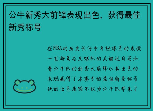 公牛新秀大前锋表现出色，获得最佳新秀称号